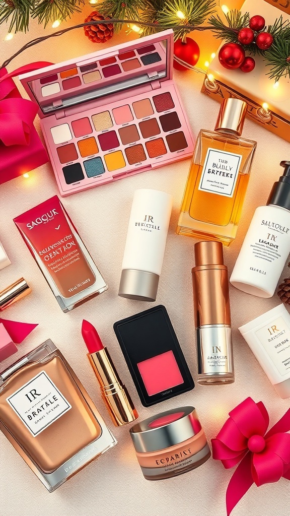 A flat lay of beauty products including lipsticks, eyeshadow palette, and perfume on a festive background.